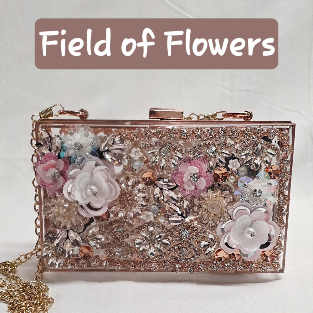 Handmade Pearl Chaos Clear Acrylic Clutch w/ Rose Gold Hardware-Field Of Flowers